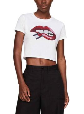 T-Shirt Tommy Jeans Crop Slim Lips Bianco Donna