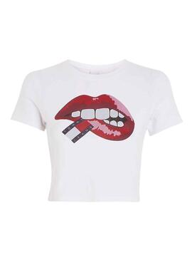 T-Shirt Tommy Jeans Crop Slim Lips Bianco Donna