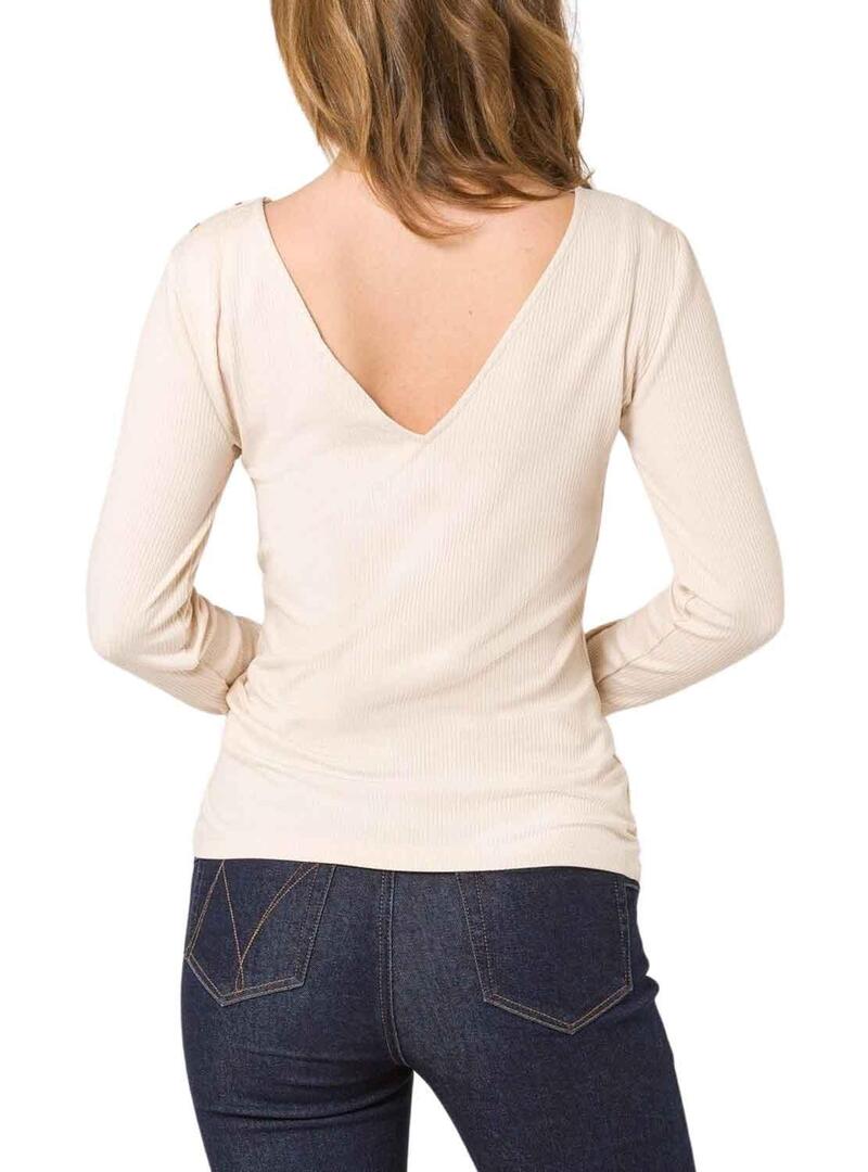 T-Shirt Naf Naf Pulsanti Beige per Donna