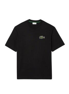 Maglietta Lacoste Unisex Loose Fit nera con logo coccodrillo.