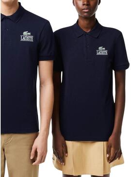 Maglietta polo Lacoste unisex in piqué stampato 3D bianca.