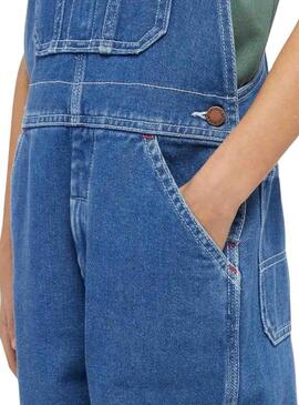 Salopette Dickies in denim lavato in pietra blu per ragazze