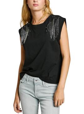 Maglietta Pepe Jeans Lydia con strass nero per donna