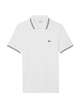 Polo Lacoste L.12.12 bianco a righe verdi per uomo.