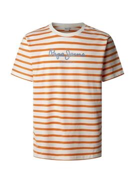 Maglietta Pepe Jeans Striped Ego arancione e beige per uomo