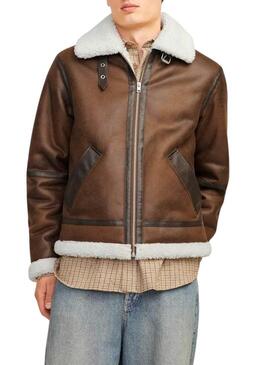 Giacca da aviatore Jack and Jones marrone con pelliccia sintetica per uomo