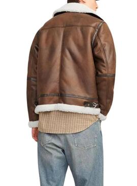 Giacca da aviatore Jack and Jones marrone con pelliccia sintetica per uomo