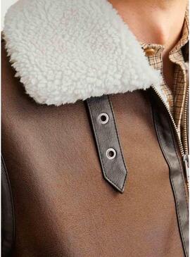 Giacca da aviatore Jack and Jones marrone con pelliccia sintetica per uomo
