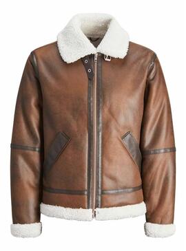 Giacca da aviatore Jack and Jones marrone con pelliccia sintetica per uomo
