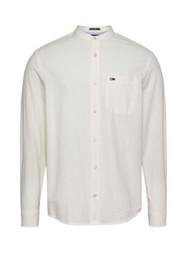 Camicia Tommy Jeans in lino bianca con collo mao per uomo