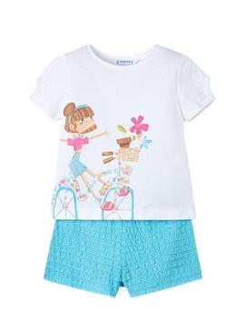 Set Mayoral punto fantasia bianco e blu per bambina.