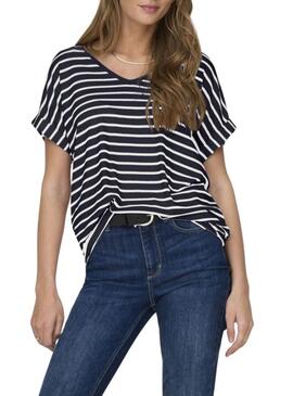 Maglia Only Moster a righe con scollo a V blu marino per donna