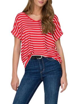 Maglietta Only Moster a righe rosse con scollo a V per donna.
