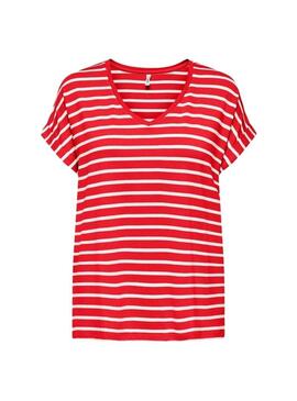 Maglietta Only Moster a righe rosse con scollo a V per donna.