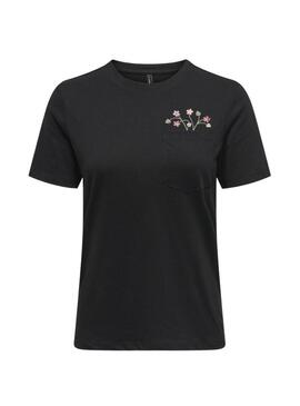 Maglietta Only Polly nera con tasca floreale per donna