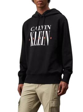 Felpa Calvin Klein con logo Serif nero e cappuccio per uomo.