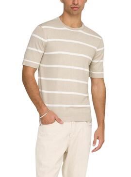 Maglietta a righe beige Only and Sons Wyler per uomo