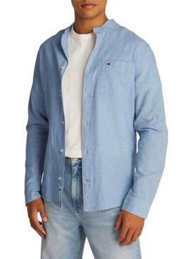 Camicia Tommy Jeans in lino mao blu per uomo