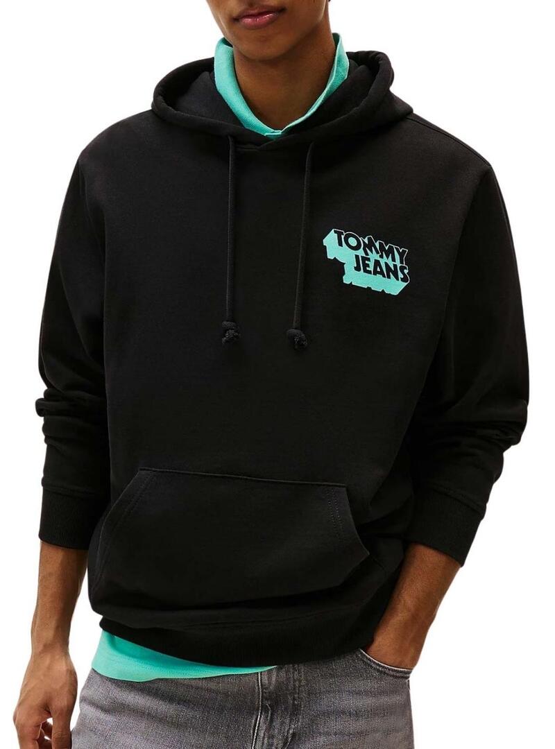 Felpa nera Tommy Jeans Stack Backprint per uomo
