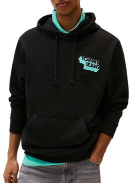 Felpa nera Tommy Jeans Stack Backprint per uomo