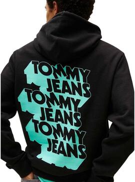 Felpa nera Tommy Jeans Stack Backprint per uomo