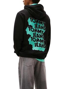 Felpa nera Tommy Jeans Stack Backprint per uomo