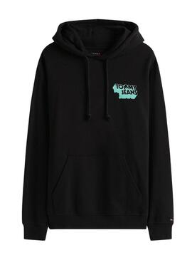 Felpa nera Tommy Jeans Stack Backprint per uomo