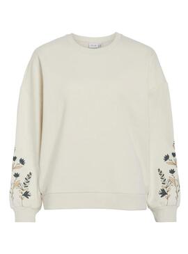 Felpa Vila Viminna beige con ricamo floreale per donna.