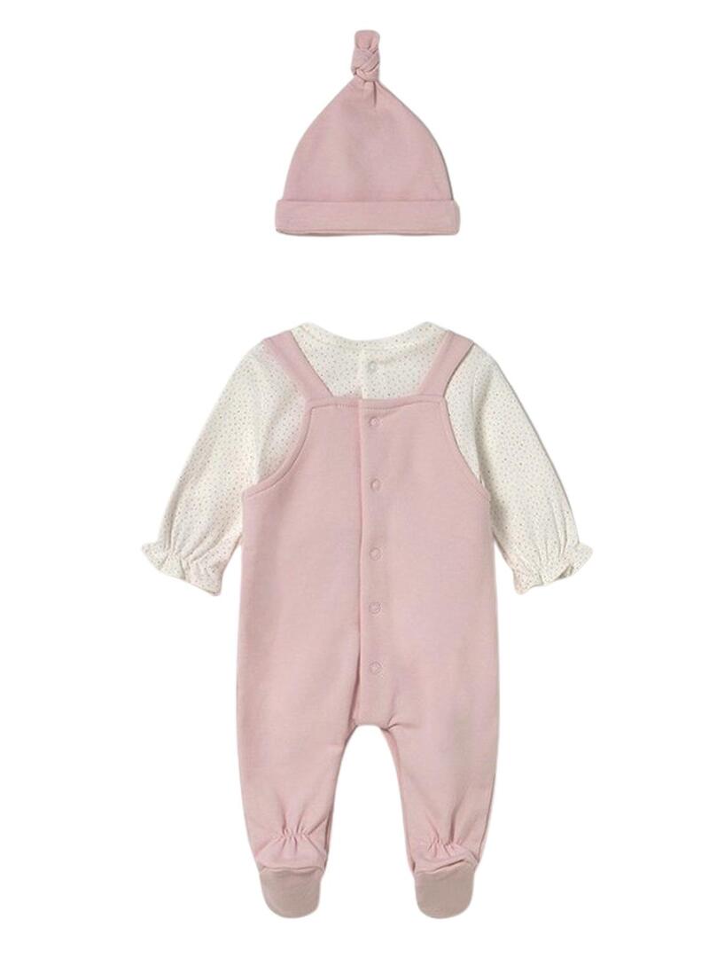 Tuta da lavoro per neonato con pettorina e cappello in pile rosa