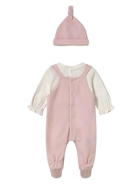Tuta da lavoro per neonato con pettorina e cappello in pile rosa