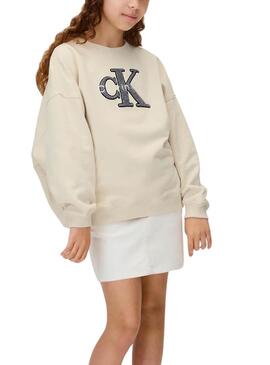 Felpa Calvin Klein con monogramma beige per bambina