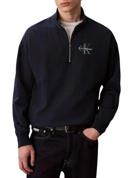 Felpa Calvin Klein Monologo con zip blu scuro per uomo