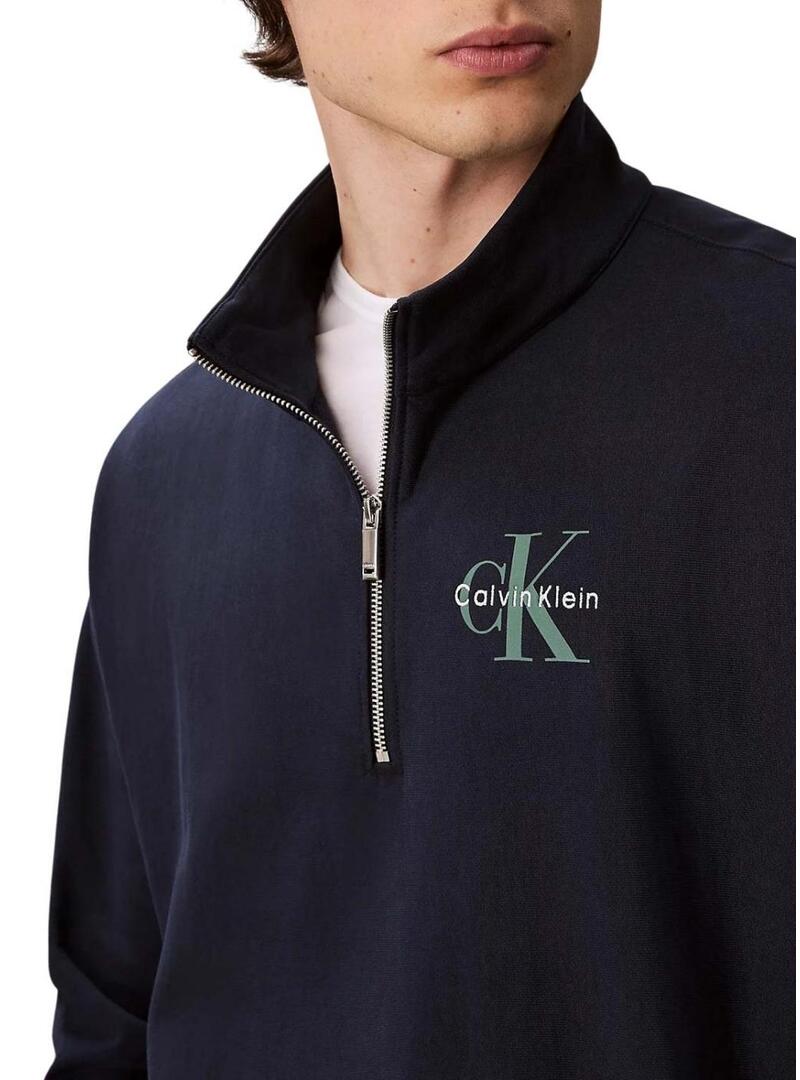 Felpa Calvin Klein Monologo con zip blu scuro per uomo