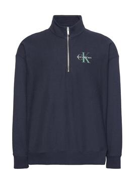 Felpa Calvin Klein Monologo con zip blu scuro per uomo