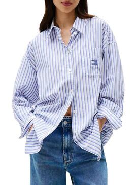 Camicia Tommy Jeans Badge Stripe blu per donna