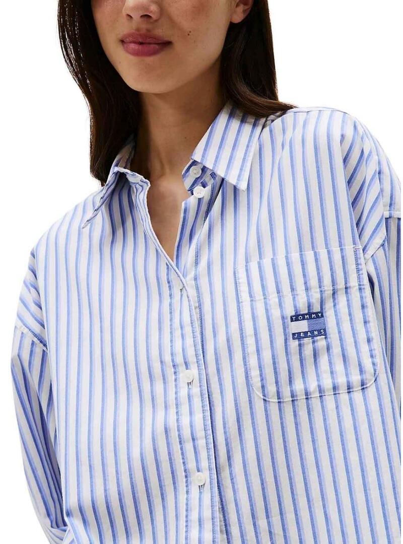 Camicia Tommy Jeans Badge Stripe blu per donna