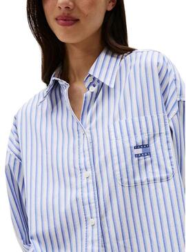 Camicia Tommy Jeans Badge Stripe blu per donna