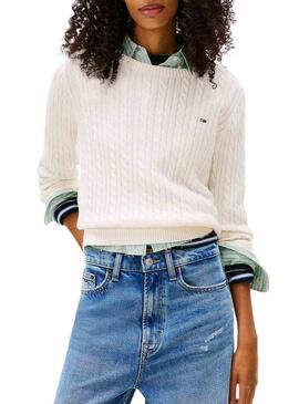 Maglia Tommy Jeans Cable bianca per donna