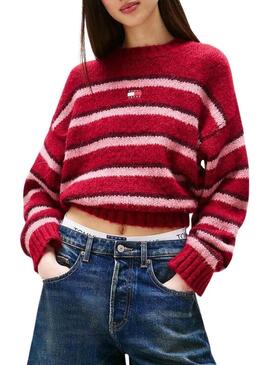 Maglia Tommy Jeans Fluffy a righe rosse per donna