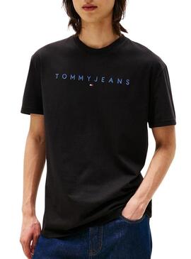 Maglietta Tommy Jeans Linear logo nera per uomo.