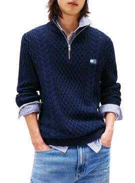 Maglione Tommy Jeans Cable Zip blu per uomo