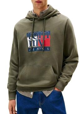 Felpa Tommy Jeans Flag verde per uomo