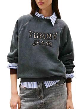 Felpa Tommy Jeans Boxy Leopard grigia per donna