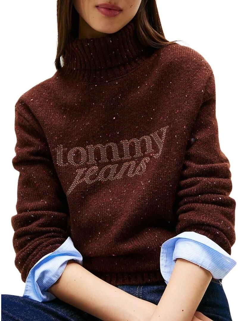 Maglione Tommy Jeans collo alto marrone per donna