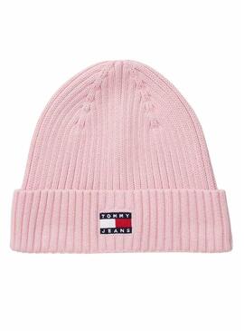 Cappello di maglia Tommy Jeans Heritage con logo rosa per donna.