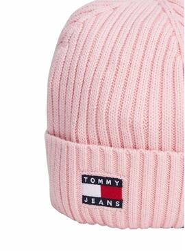 Cappello di maglia Tommy Jeans Heritage con logo rosa per donna.