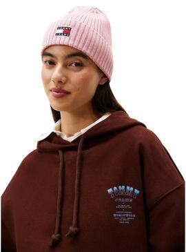 Cappello di maglia Tommy Jeans Heritage con logo rosa per donna.