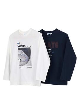 Set 2 magliette Mayoral skate bianco e blu marino per bambino.