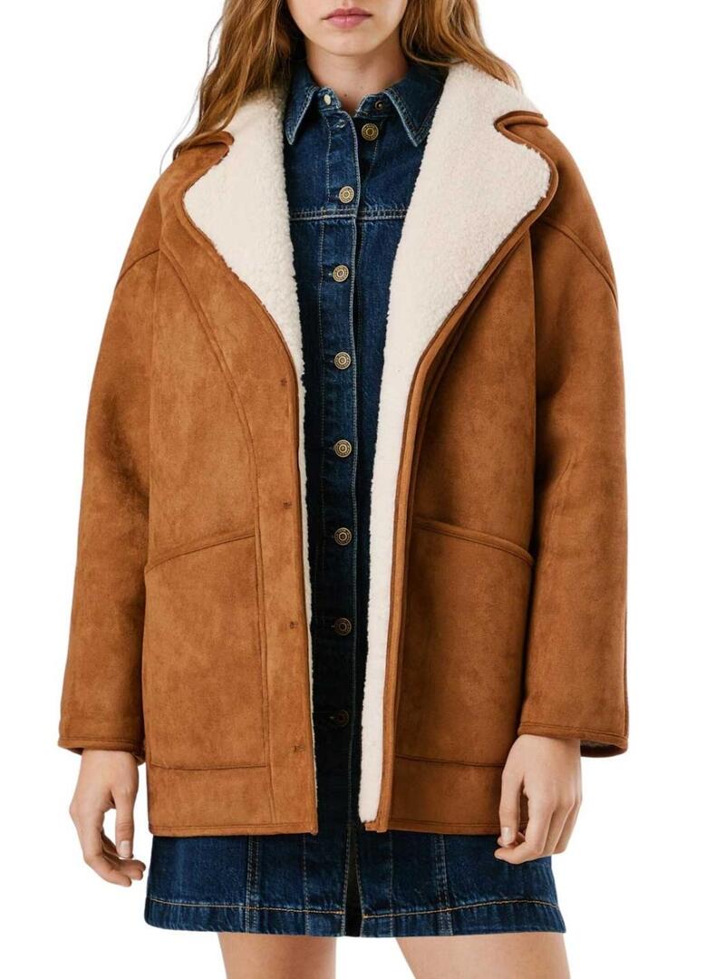 Cappotto Pepe Jeans Teresa cammello con pelliccia per donna