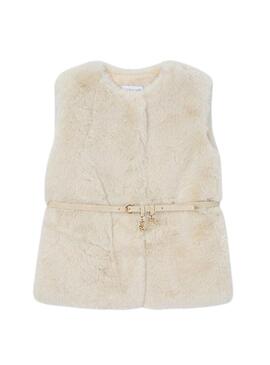 Gilet Mayoral in pelliccia con cintura beige per bambina.